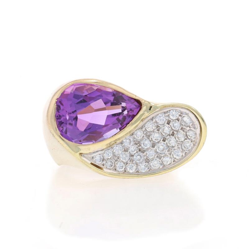 Size: 7 1/2

Metal Content: 14k Yellow Gold & 14k White Gold

Stone Information

Natural Amethyst
Carat(s): 5.56ct
Cut: Pear
Color: Purple

Natural Diamonds
Carat(s): .43ctw
Cut: Round Brilliant
Color: G - H
Clarity: SI1

Total Carats: