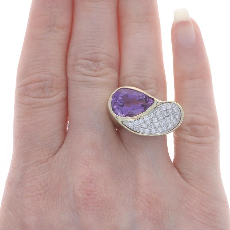 Pear Cut Yellow Gold Amethyst Diamond Leaf Ring - 14k Pear 5.99ctw Brushed Cluster For Sale