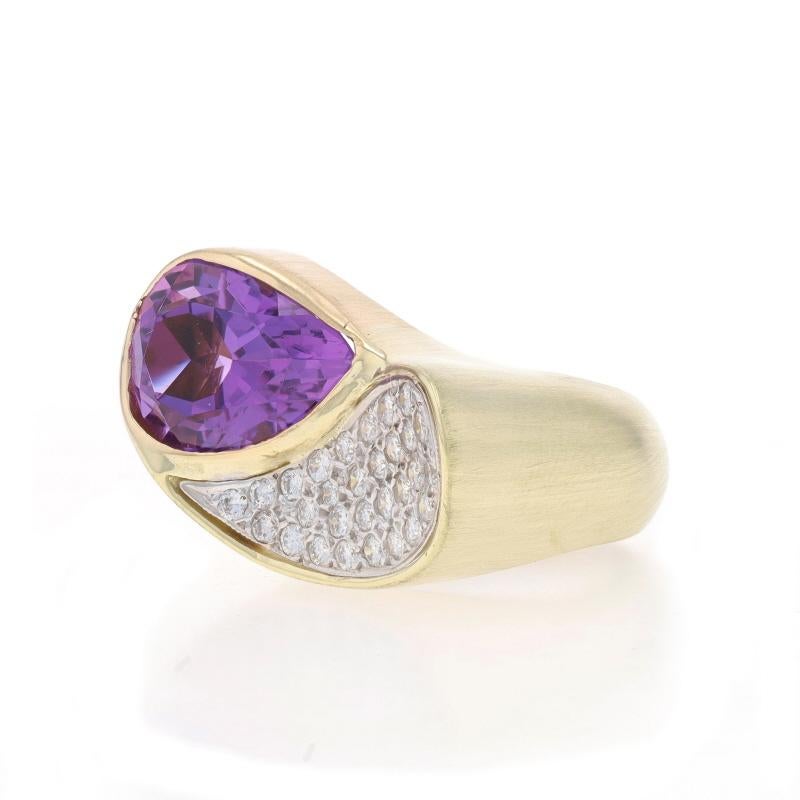 Yellow Gold Amethyst Diamond Leaf Ring - 14k Pear 5.99ctw Brushed Cluster In Excellent Condition For Sale In Greensboro, NC
