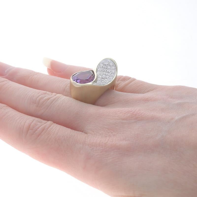 Women's Yellow Gold Amethyst Diamond Leaf Ring - 14k Pear 5.99ctw Brushed Cluster For Sale