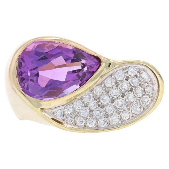 Yellow Gold Amethyst Diamond Leaf Ring - 14k Pear 5.99ctw Brushed Cluster For Sale