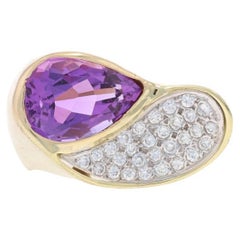 Bague feuille de diamants et améthyste en or jaune 14 carats, poire 5,99 carats, grappe brossée