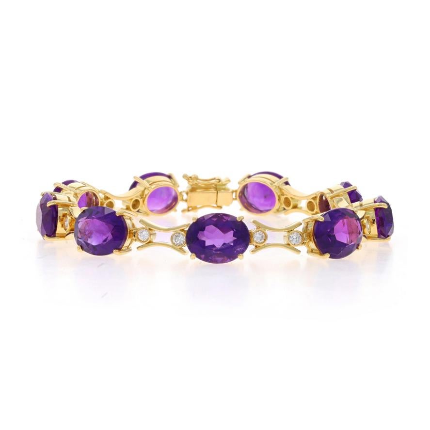 Metal Content: 18k Yellow Gold

Stone Information

Natural Amethysts
Carat(s): 31.70ctw
Cut: Oval
Color: Purple

Natural Diamonds
Carat(s): 1.08ctw
Cut: Round Brilliant
Color: E - F
Clarity: VS1 - VS2

Total Carats: 32.78ctw

Style: Link
Fastening