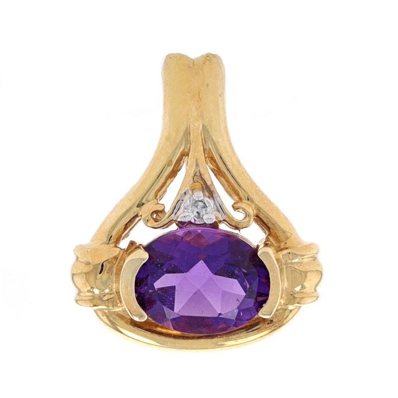 Metal Content: 14k Yellow Gold & 14k White Gold

Stone Information
Natural Amethyst
Carat(s): 1.25ct
Cut: Oval
Color: Purple

Natural Diamond
Cut: Round Brilliant
Stone Note: (one small accent)

Total Carats: 1.25ct

Features: East-West Set