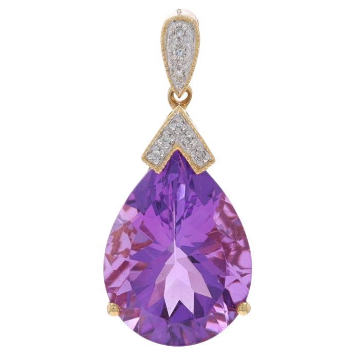 Yellow Gold Amethyst Diamond Pendant - 14k Pear 14.85ctw Milgrain