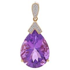 Yellow Gold Amethyst Diamond Pendant - 14k Pear 14.85ctw Milgrain