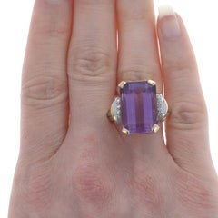 Yellow Gold Amethyst & Diamond Retro Ring - 14k Emerald Cut 14.33ctw Milgrain