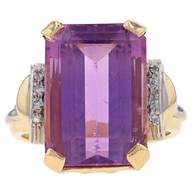 Yellow Gold Amethyst & Diamond Retro Ring - 14k Emerald Cut 14.33ctw Milgrain