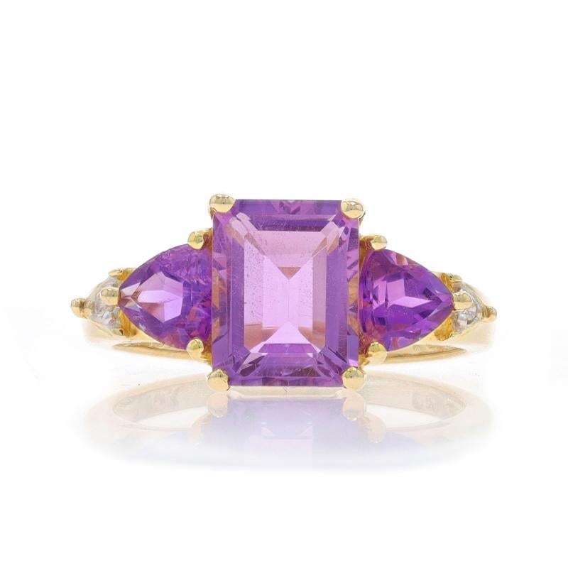 Size: 7
Sizing Fee: Up 1 size for $30 or Down 1/2 a size for $30

Metal Content: 10k Yellow Gold & 10k White Gold

Stone Information

Natural Amethysts
Carat(s): 2.47ctw
Cut: Emerald & Trillion
Color: Purple

Natural Diamonds
Cut: Single
Stone Note: