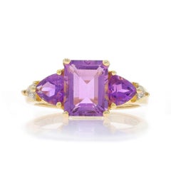 Yellow Gold Amethyst Diamond Ring - 10k Emerald & Trillion 2.47ctw Three-Stone