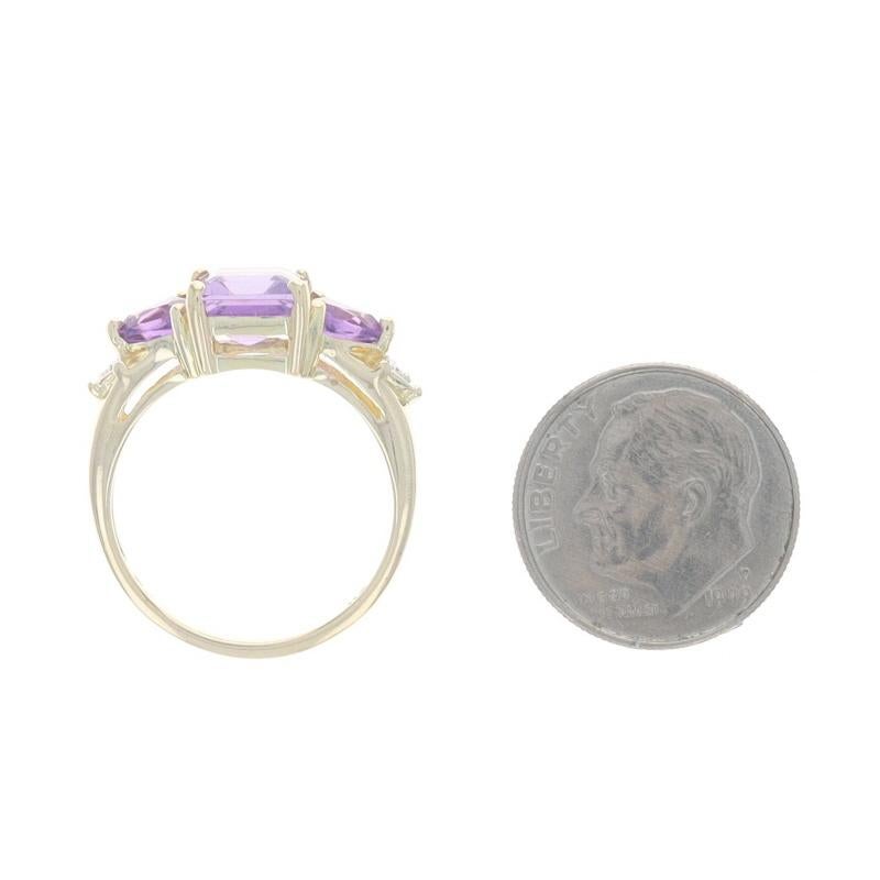 Yellow Gold Amethyst Diamond Ring - 10k Emerald & Trillion 2.47ctw Three-Stone For Sale 2
