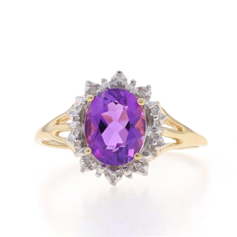 Size: 9 1/2
Sizing Fee: Up 3 sizes for $30 or Down 3 sizes for $30

Metal Content: 10k Yellow Gold & 10k White Gold

Stone Information

Natural Amethyst
Carat(s): 1.75ct
Cut: Oval
Color: Purple

Natural Diamonds
Cut: Single
Stone Note: (four small