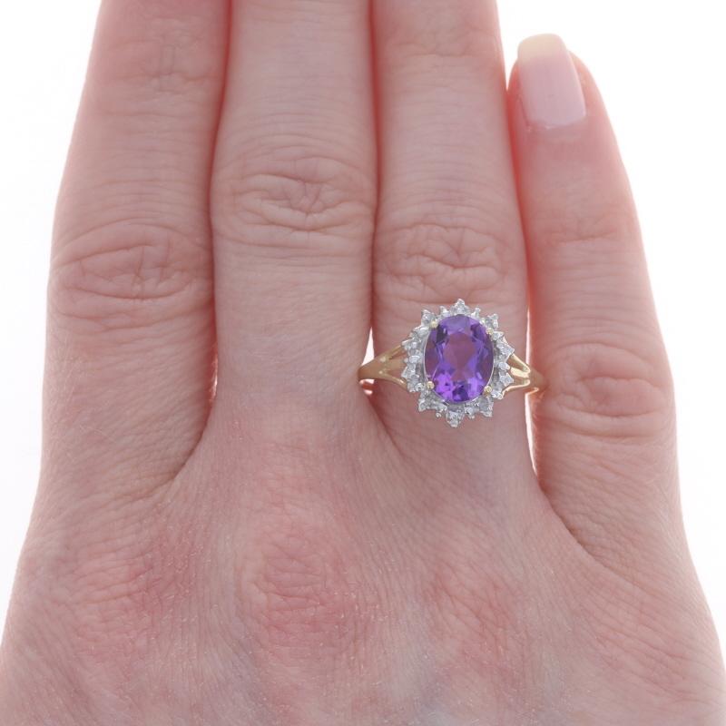 Oval Cut Yellow Gold Amethyst Diamond Ring - 10k Oval 1.75ct Halo-Inspired For Sale