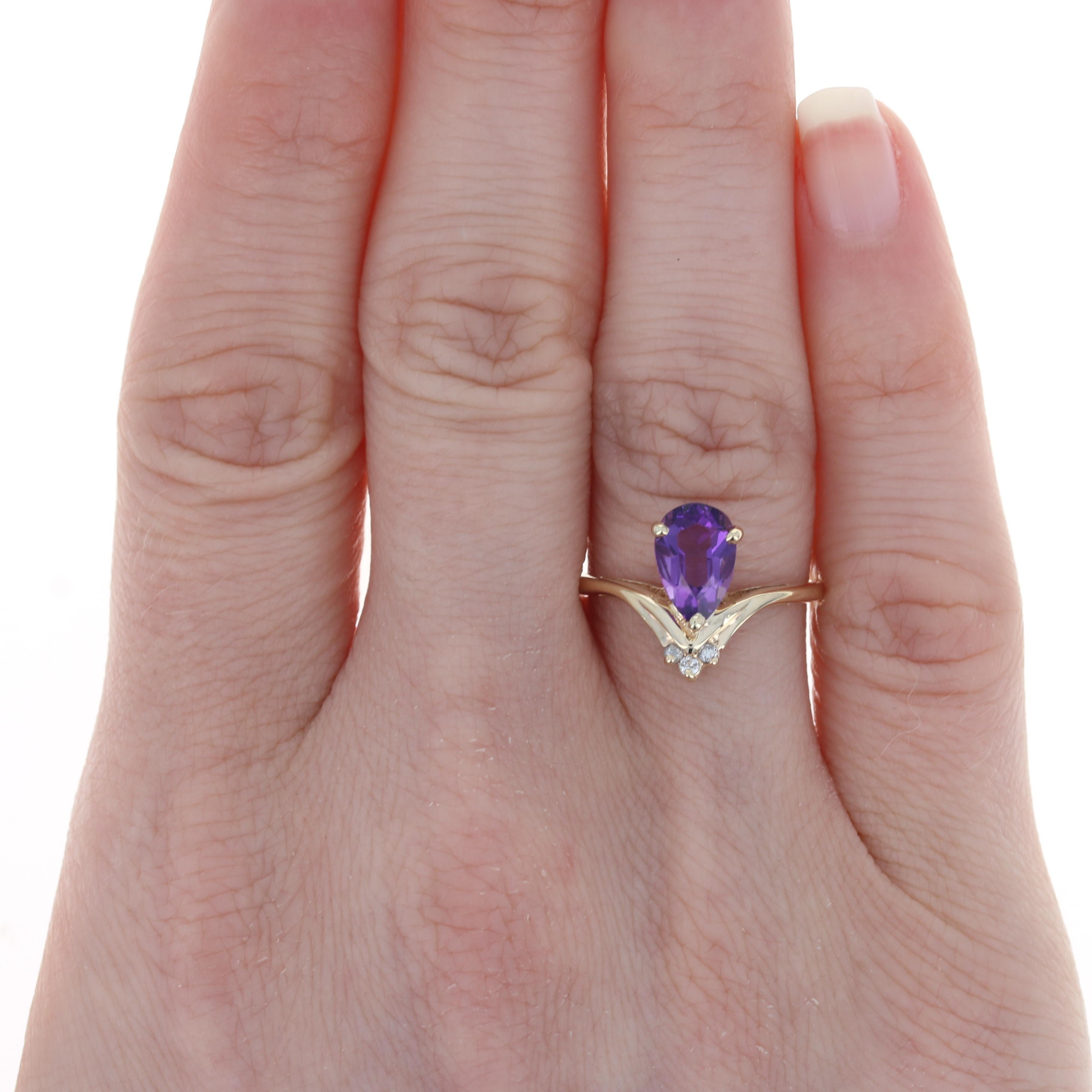 Size: 6 1/2
 Sizing Fee: Down 2 sizes for $20 or Up 2 sizes for $25
 
 Metal Content: 10k Yellow Gold
 
 Stone Information: 
 Genuine Amethyst
 Carat(s): .85ct
 Cut: Pear
 Color: Purple
 
 Natural Diamonds 
 Carat(s): .03ctw
 Cut: Round Brilliant

