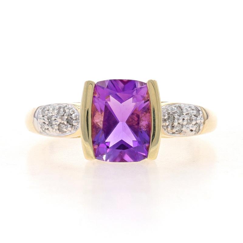 Size: 7 1/4

Metal Content: 10k Yellow Gold & 10k White Gold

Stone Information
Natural Amethyst
Carat(s): 2.15ct
Cut: Rectangular Cushion
Color: Purple

Natural Diamonds
Carat(s): .06ctw
Cut: Single
Color: G - H
Clarity: SI2 - I1

Total Carats: