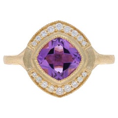 Anello con ametista e diamante in oro giallo - 14k Cuscino 1,76ctw Matte Milgrain
