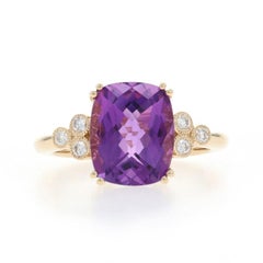 Yellow Gold Amethyst Diamond Ring - 14k Cushion Checkerboard 4.11ctw