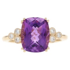 Yellow Gold Amethyst Diamond Ring - 14k Cushion Checkerboard 4.11ctw