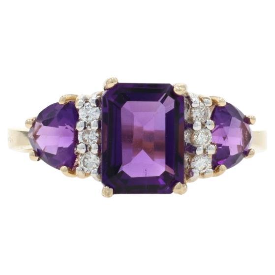 Yellow Gold Amethyst Diamond Ring - 14k Emerald Cut 2.04ctw Three-Stone