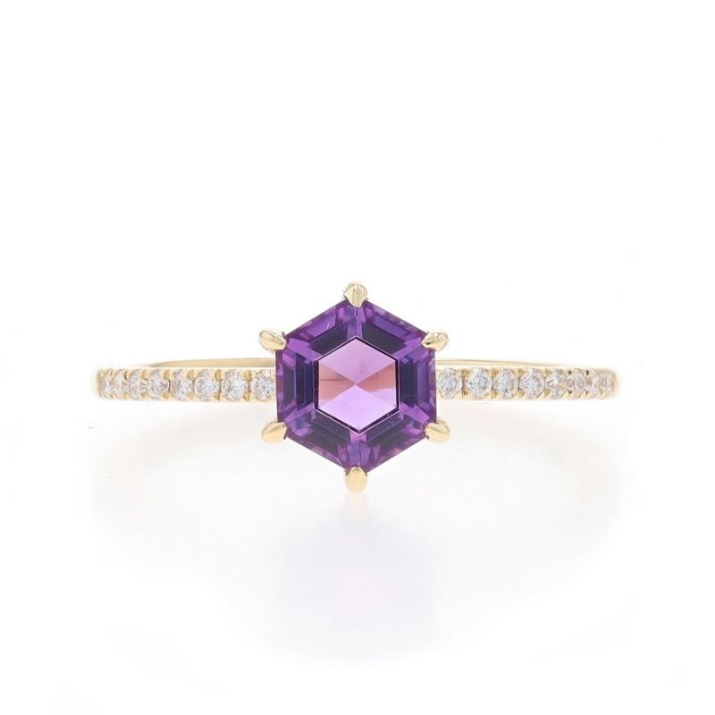 Size: 7
Sizing Fee: Up 2 1/2 sizes for $40 or Down 1 size for $40

Metal Content: 14k Yellow Gold

Stone Information
Natural Amethyst
Carat(s): 1.23ct
Cut: Hexagon
Color: Purple

Natural Diamonds
Carat(s): .10ctw
Cut: Round Brilliant
Color: