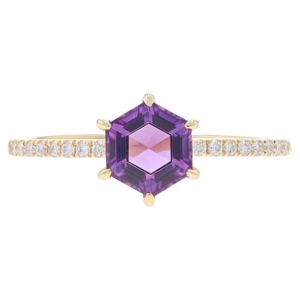 Yellow Gold Amethyst & Diamond Ring - 14k Hexagon 1.33ctw Geometric For Sale
