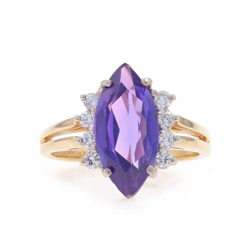 Size: 6 1/2
Sizing Fee: Up 2 1/2 sizes for $35 or Down 1 1/2 sizes for $35

Metal Content: 14k Yellow Gold & 14k White Gold

Stone Information

Natural Amethyst
Carat(s): 3.51ct
Cut: Marquise
Color: Purple

Natural Diamonds
Carat(s): .24ctw
Cut: