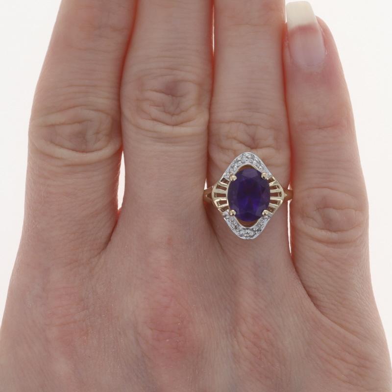 Size: 6 1/2
Sizing Fee: Up 2 sizes for $35 or Down 2 sizes for $30

Metal Content: 14k Yellow Gold & 14k White Gold

Stone Information

Natural Amethyst
Carat(s): 2.60ct
Cut: Oval
Color: Purple

Natural Diamonds
Carat(s): .08ctw
Cut: Round