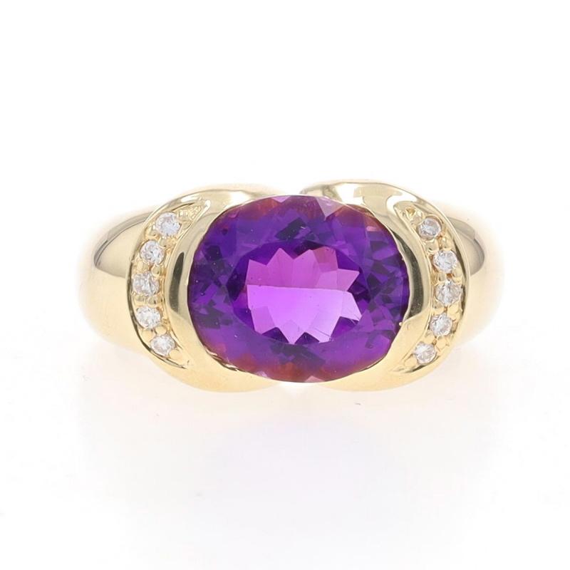 Size: 6 1/2
Sizing Fee: Up 1/2 a size for $35 or Down 1/2 a size for $35

Metal Content: 14k Yellow Gold

Stone Information

Natural Amethyst
Carat(s): 3.20ctw
Cut: Oval
Color: Purple

Natural Diamonds
Carat(s): .10ctw
Cut: Round Brilliant
Color: G