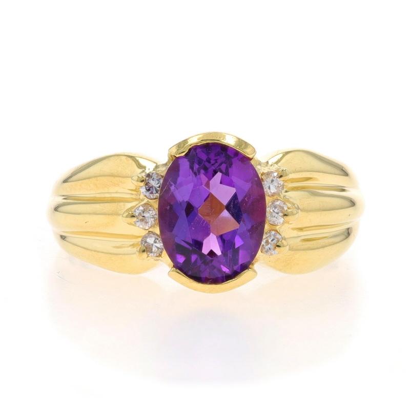 Size: 5
Sizing Fee: Up 2 sizes for $50 or Down 1 size for $30

Metal Content: 18k Yellow Gold

Stone Information

Natural Amethyst
Carat(s): 1.25ct
Cut: Oval
Color: Purple

Natural Diamonds
Carat(s): .09ctw
Cut: Round Brilliant
Color: G - H
Clarity: