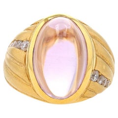 Yellow Gold Amethyst & Diamond Ring -18k Oval Cab 11.00ctw Ribbed Matte Sz 6 1/2