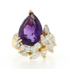 Yellow Gold Amethyst Diamond Ring - 18k Step Cut Pear 6.49ctw