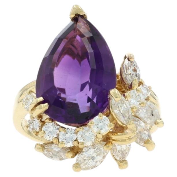 Yellow Gold Amethyst Diamond Ring - 18k Step Cut Pear 6.49ctw For Sale