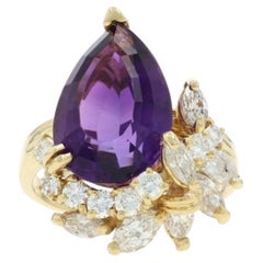 Yellow Gold Amethyst Diamond Ring - 18k Step Cut Pear 6.49ctw