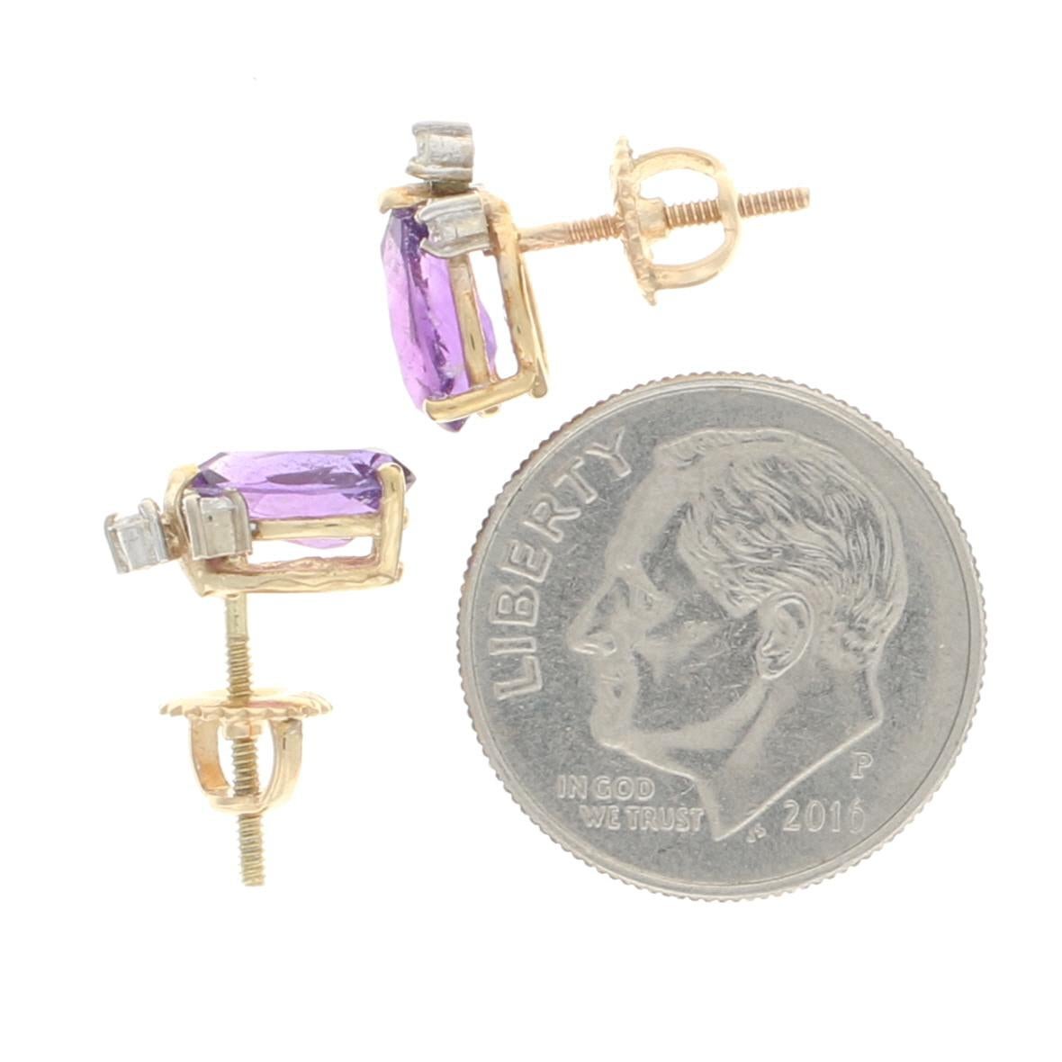 Yellow Gold Amethyst & Diamond Stud Earrings, 14k Pear Brilliant 1.55ctw Pierced In Excellent Condition For Sale In Greensboro, NC