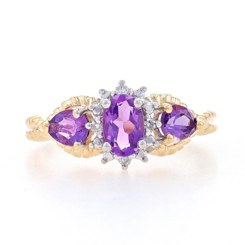 Size: 6 1/4
Sizing Fee: Up 2 sizes for $35 or Down 2 sizes for $30

Metal Content: 14k Yellow Gold & 14k White Gold

Stone Information

Natural Amethysts
Carat(s): .80ctw
Cut: Oval & Pear
Color: Purple

Natural Diamonds
Carat(s): .04ctw
Cut: