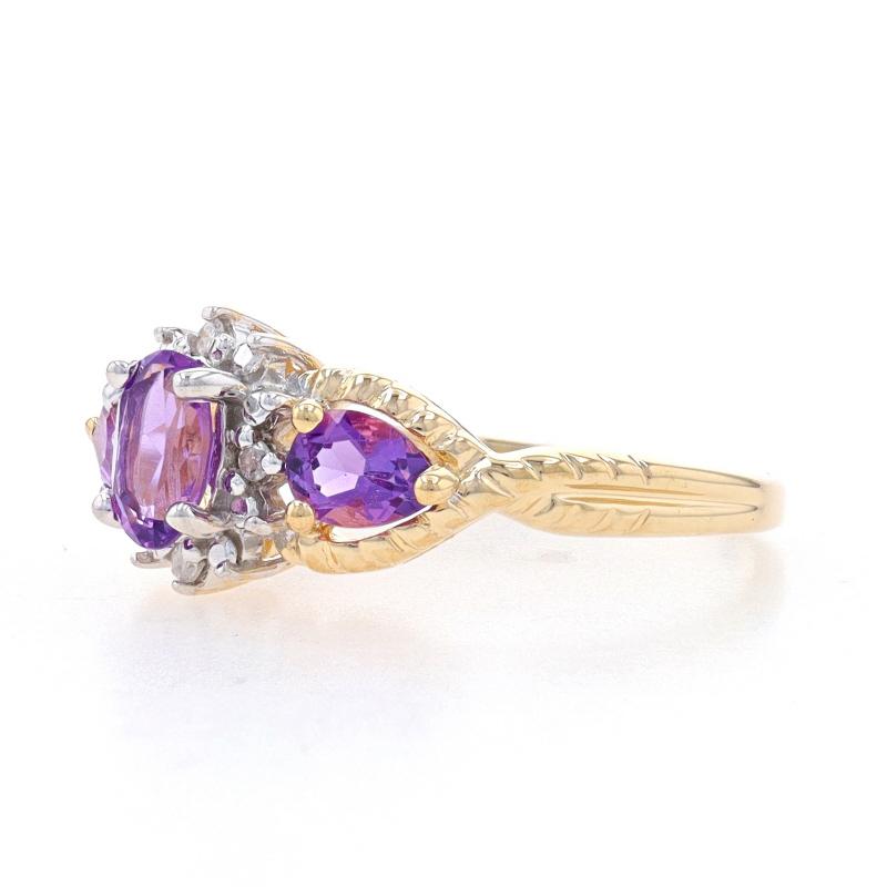 Yellow Gold Amethyst & Diamond Three-Stone Ring - 14k Oval & Pear .84ctw In Excellent Condition In Greensboro, NC