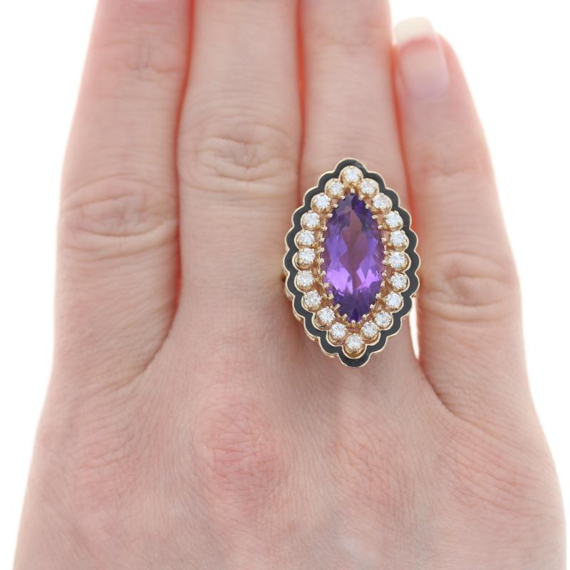 Size: 7
Sizing Fee: Up or Down 1 size for $60

Era: Vintage

Metal Content: 14k Yellow Gold

Stone Information
Natural Amethyst
Carat(s): 5.78ct
Cut: Marquise
Color: Purple

Natural Diamonds
Carat(s): .80ctw
Cut: Round Brilliant
Color: G -