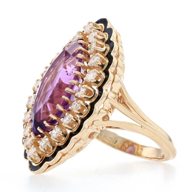 Marquise Cut Yellow Gold Amethyst & Diamond Vintage Halo Ring 14k Marq 6.58ctw Floral Scallop For Sale