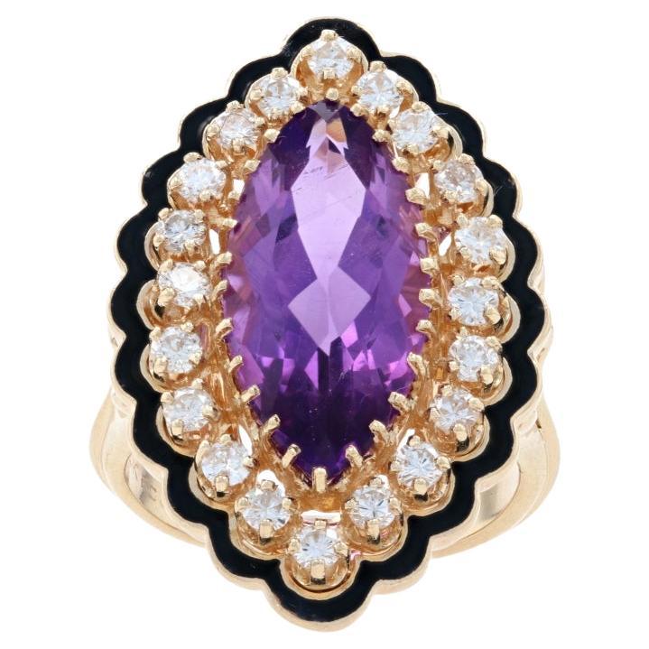 Yellow Gold Amethyst & Diamond Vintage Halo Ring 14k Marq 6.58ctw Floral Scallop For Sale