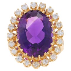 Yellow Gold Amethyst & Diamond Vintage Halo Ring - 14k Mixed Oval 7.95ctw