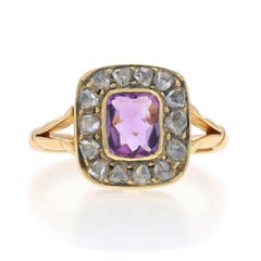 Yellow Gold Amethyst Diamond Vintage Halo Ring - 9k Cushion 1.47ctw