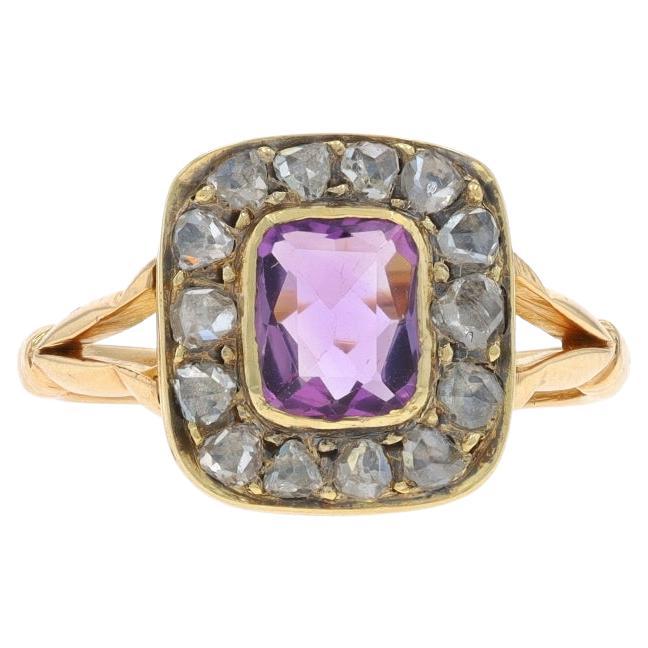 Yellow Gold Amethyst Diamond Vintage Halo Ring - 9k Cushion 1.47ctw For Sale