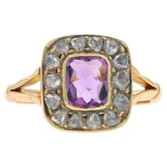 Yellow Gold Amethyst Diamond Vintage Halo Ring - 9k Cushion 1.47ctw