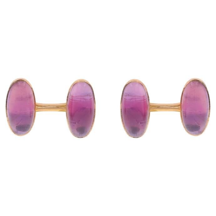 Boutons de manchette en or jaune Améthyste Edwardian 14k Cabochon ovale 16.00ctw Bezel Set