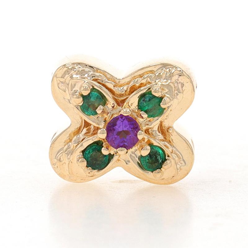 Metal Content: 14k Yellow Gold

Stone Information
Natural Amethyst
Carat(s): .10ct
Cut: Round
Color: Purple

Natural Emeralds
Treatment: Oiling
Carat(s): .16ctw
Cut: Round
Color: Green

Total Carats: .26ctw

Style: Slide
Theme: X

Measurements
Tall: