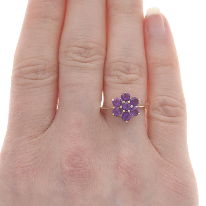 Round Cut Yellow Gold Amethyst Flower Cluster Halo Ring - 14k Round 1.05ctw Blossom For Sale