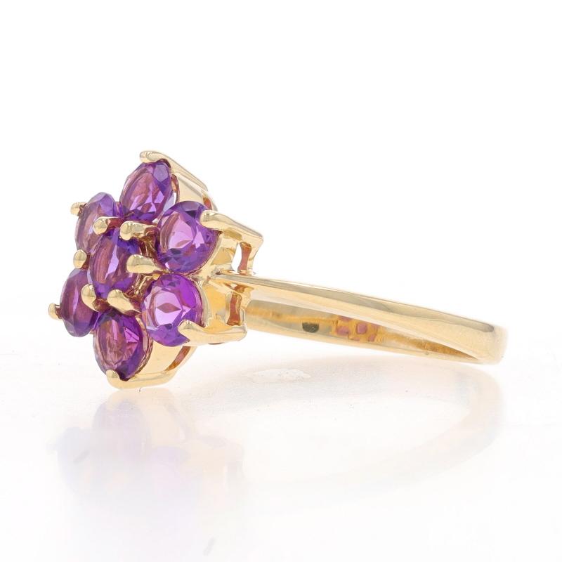 Yellow Gold Amethyst Flower Cluster Halo Ring - 14k Round 1.05ctw Blossom In Excellent Condition For Sale In Greensboro, NC