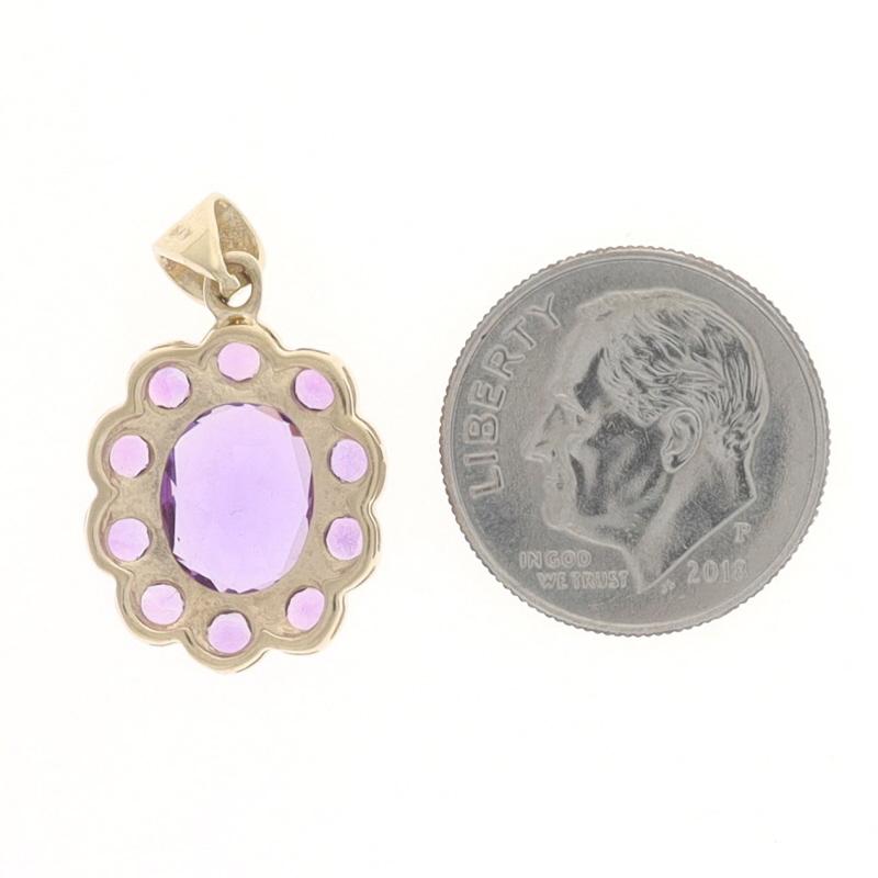 Yellow Gold Amethyst Halo Pendant - 14k Oval & Round 3.10ctw Flower In Excellent Condition For Sale In Greensboro, NC