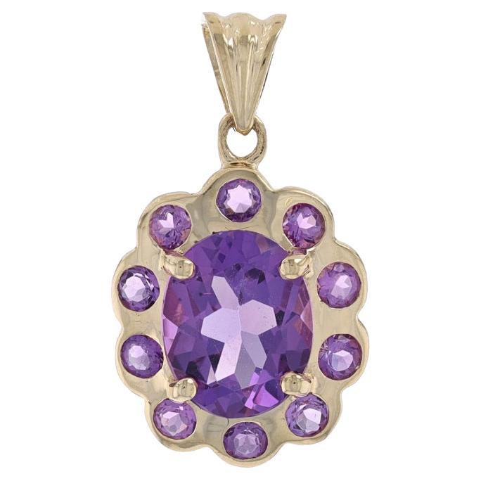 Yellow Gold Amethyst Halo Pendant - 14k Oval & Round 3.10ctw Flower For Sale