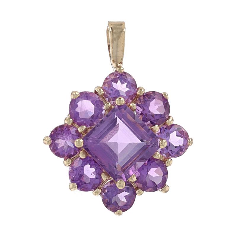 Metal Content: 14k Yellow Gold

Stone Information

Natural Amethysts
Carat(s): 2.96ctw
Cut: Square & Round
Color: Purple

Total Carats: 2.96ctw

Style: Halo
Theme: Flower

Measurements

Tall (from stationary bail): 7/8